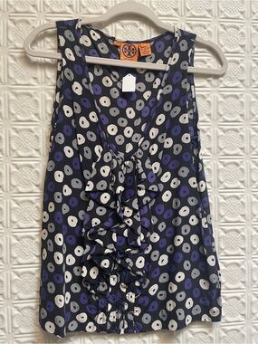 Tory Burch Black Silk Blouse with Purple and Cream Dot Print